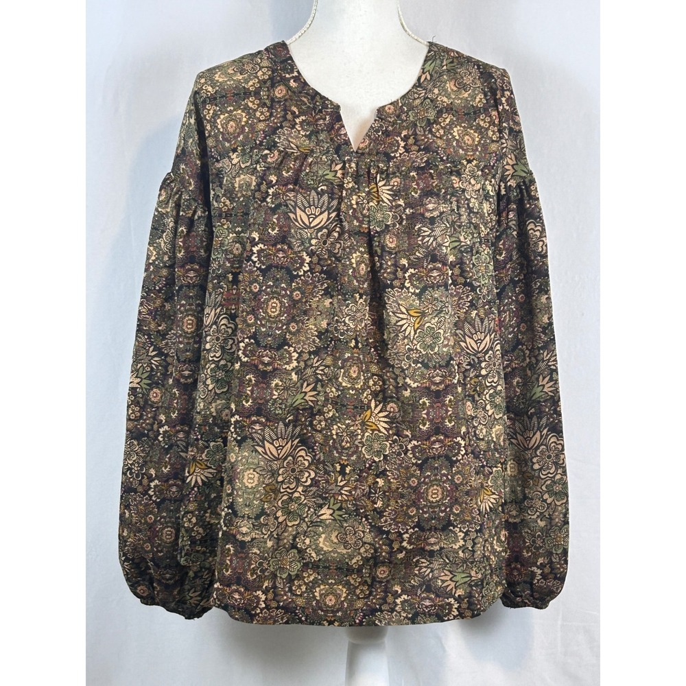 Cotton Bleu Blouse Womens M Green Floral Paisley Excellent Balloon Sleeve Boho